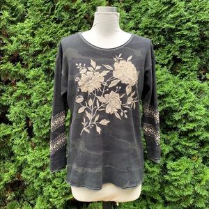 Johnny Was Camo Sweatshirt XL Embroidered Thermal Floral Geometric Top Tunic